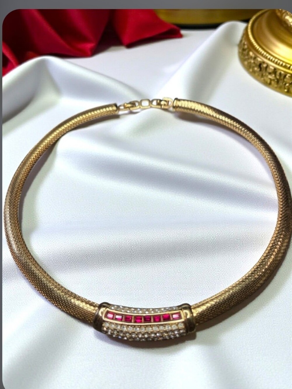 Vintage Christian Dior Gold Tone Choker Necklace With Ruby Crystals